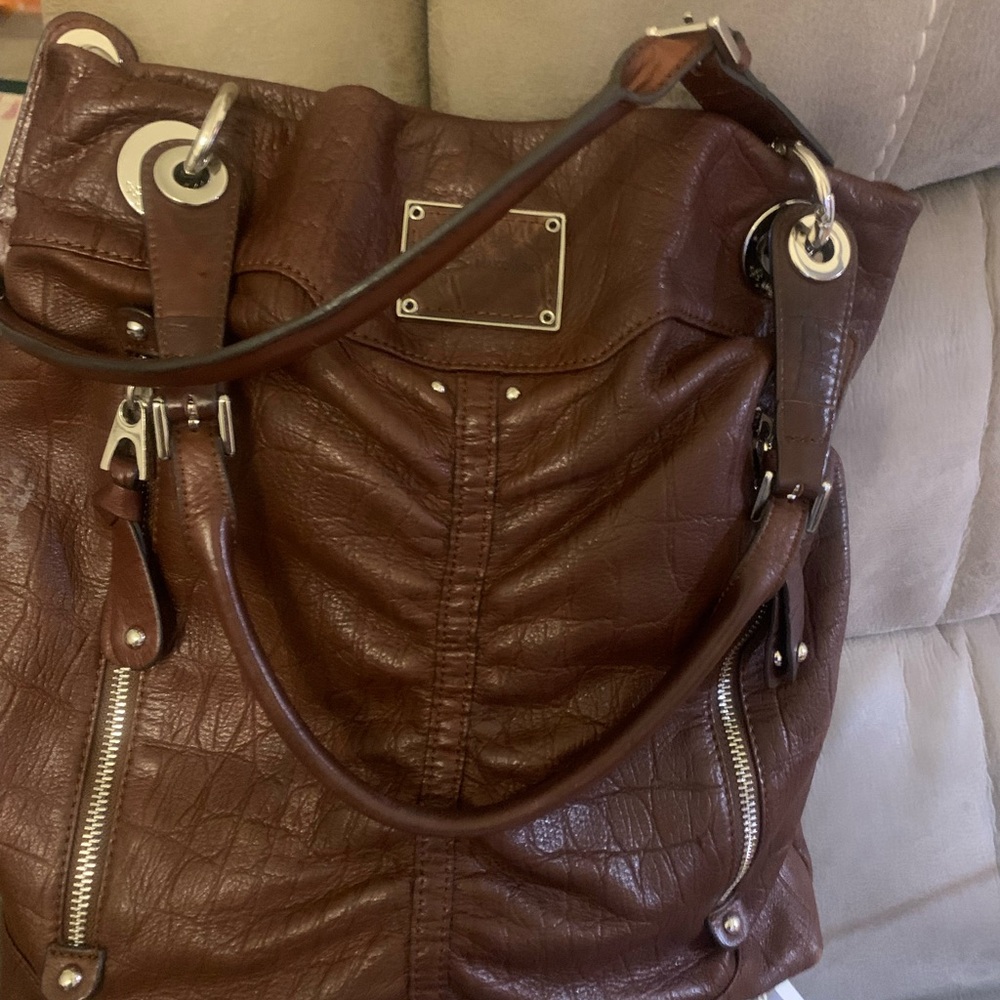 B-Makowsky genuine leather brown hobo shoulder bag  silver tone hardware